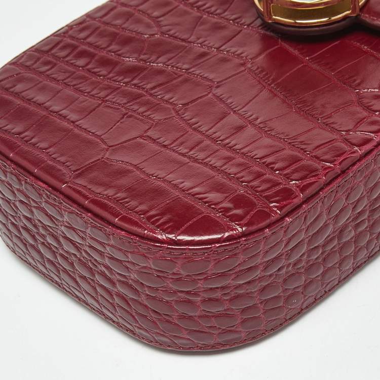 Pre Owned Miu Miu Burgundy Croc Embossed Leather Crystals Flap Phone Crossbody Bag