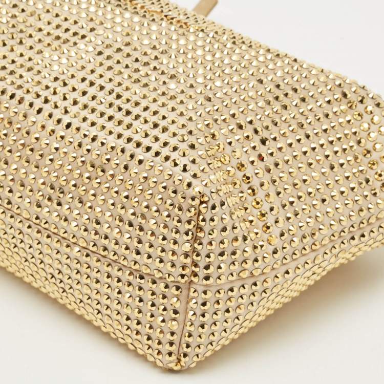 Pre Owned Miu Miu Gold Leather and Satin Crystals Embellished Chain Bag