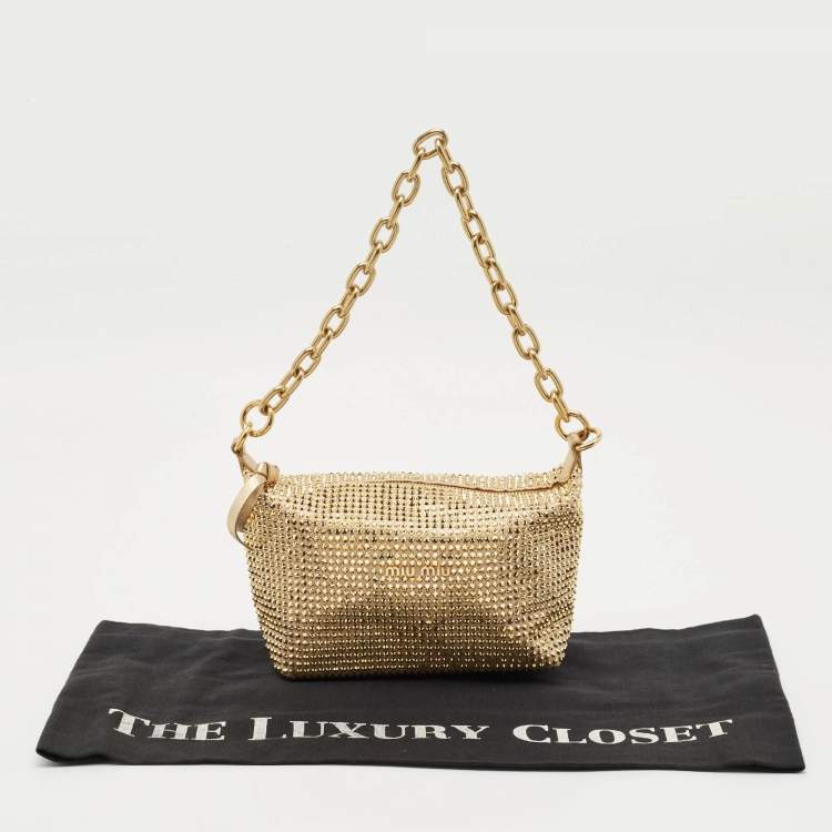 Pre Owned Miu Miu Gold Leather and Satin Crystals Embellished Chain Bag