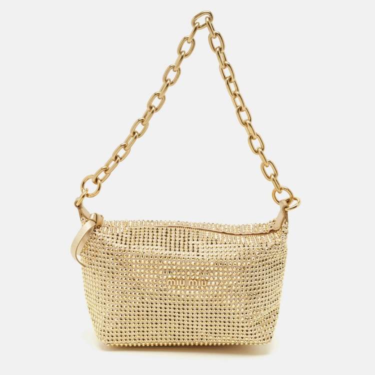 Pre Owned Miu Miu Gold Leather and Satin Crystals Embellished Chain Bag