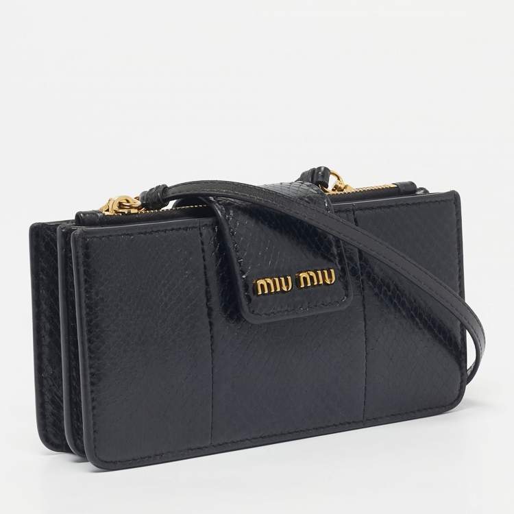 Pre Owned Miu Miu Black Snakeskin Embossed Leather Phone Wallet Crossbody Bag
