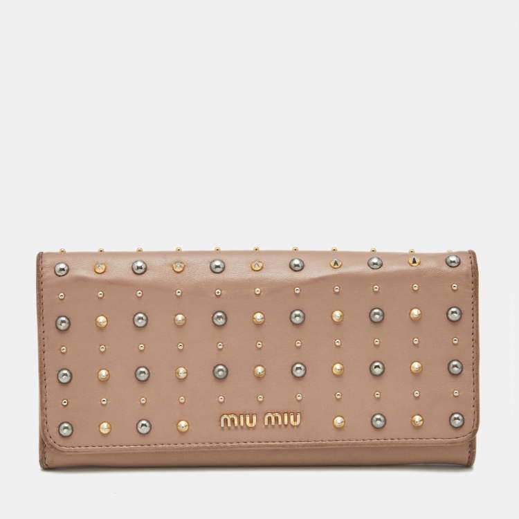 Pre Owned Miu Miu Mauve Leather Studded Flap Wallet