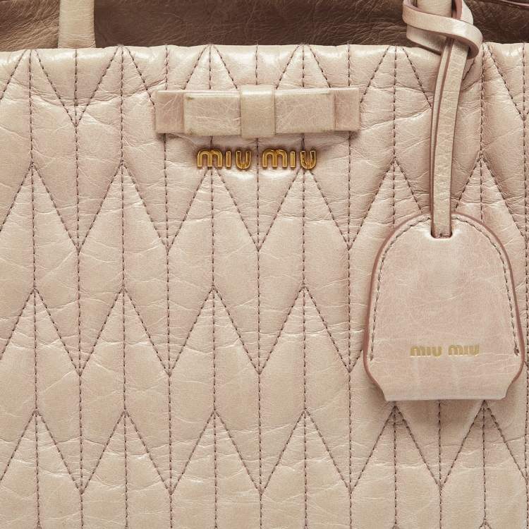 Pre Owned Miu Miu Light Pink Matelasse Leather Bow Tote