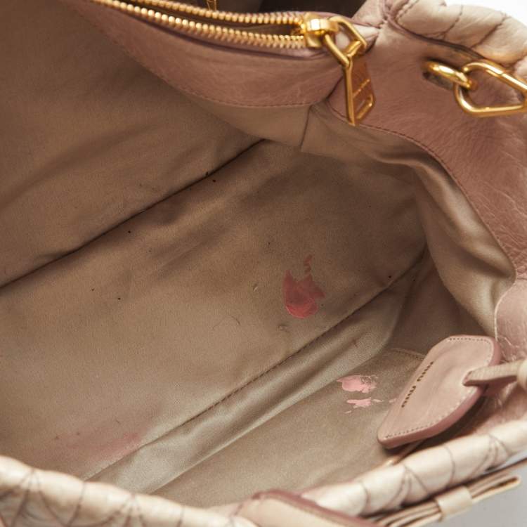 Pre Owned Miu Miu Light Pink Matelasse Leather Bow Tote