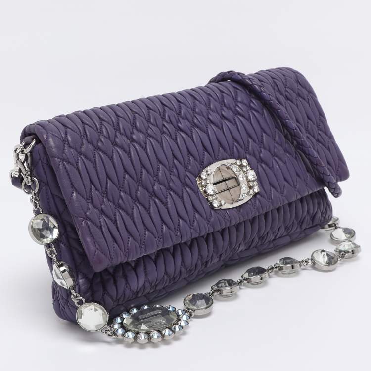 Pre Owned Miu Miu Purple Matelasse Leather Crystal Embellished Shoulder Bag