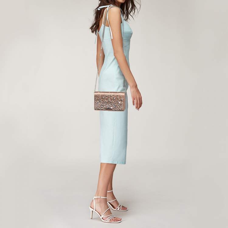 Pre Owned Miu Miu Beige Satin Crystals Embellished Chain Shoulder Bag