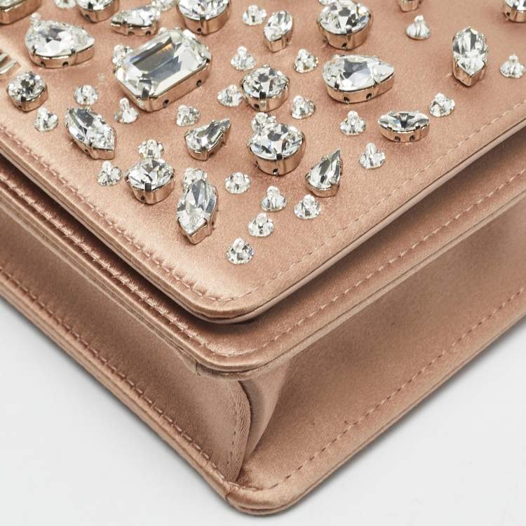 Pre Owned Miu Miu Beige Satin Crystals Embellished Chain Shoulder Bag