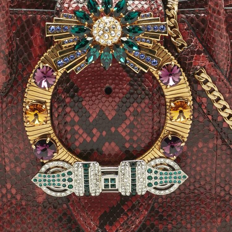 Pre Owned Miu Miu Red/Black Snakeskin Crystals Embellished Flap Tote