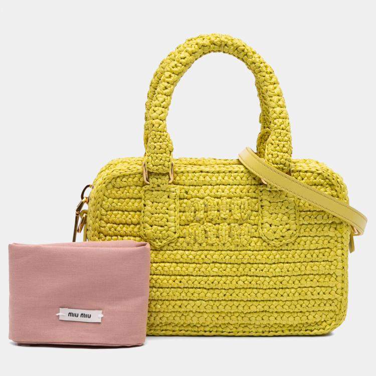 Pre Owned Miu Miu Yellow Raffia Crochet Arcadie Top Handle Bag