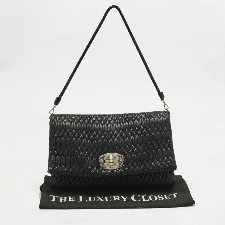 Pre Owned Miu Miu Black Matelassé Leather Crystals Shoulder Bag