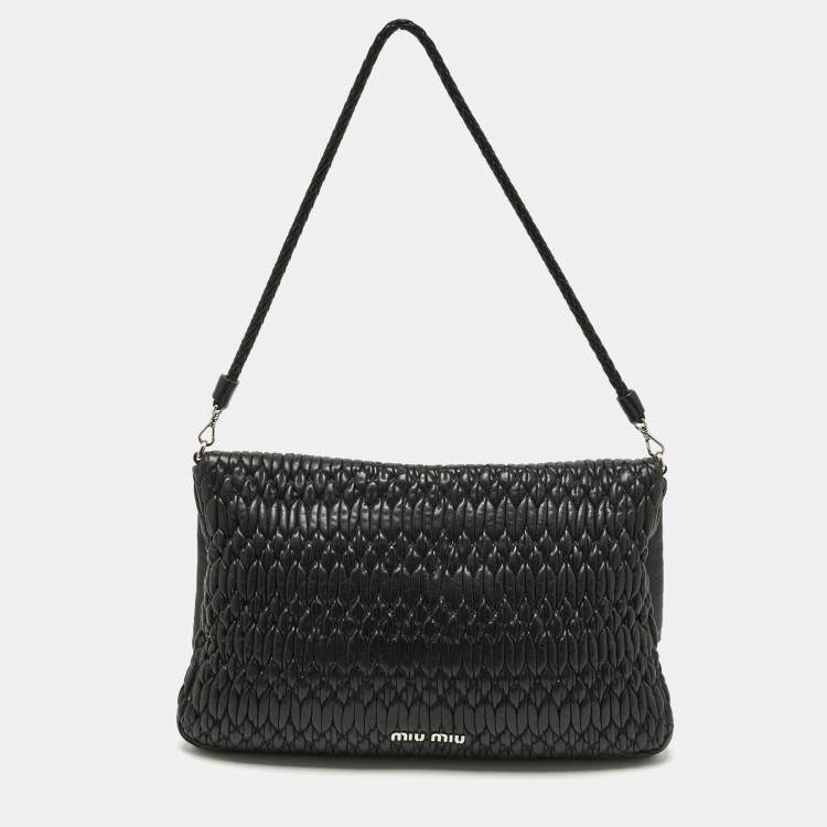 Pre Owned Miu Miu Black Matelassé Leather Crystals Shoulder Bag