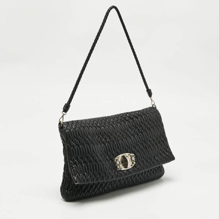 Pre Owned Miu Miu Black Matelassé Leather Crystals Shoulder Bag