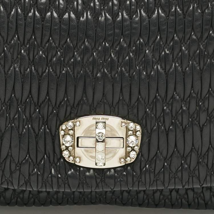 Pre Owned Miu Miu Black Matelassé Leather Crystals Shoulder Bag