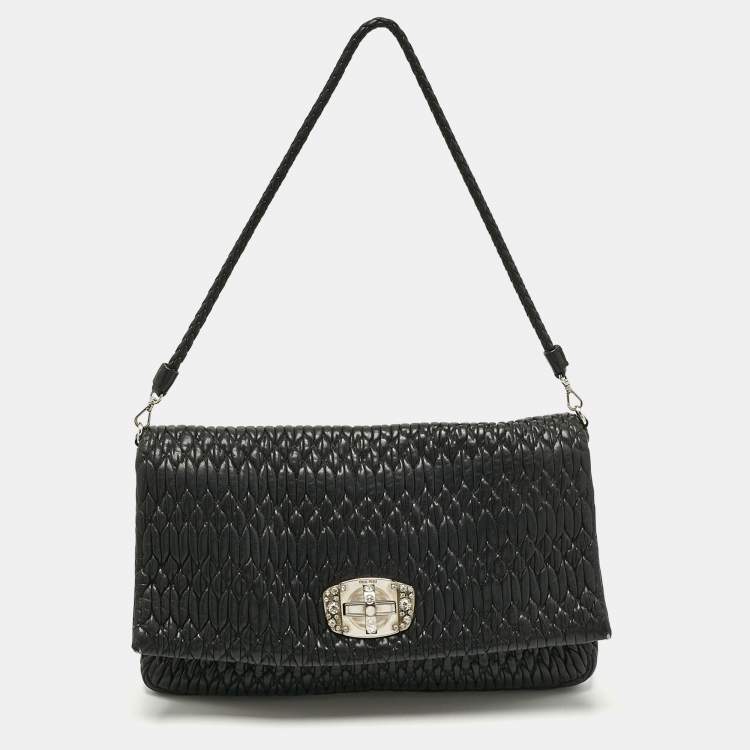 Pre Owned Miu Miu Black Matelassé Leather Crystals Shoulder Bag