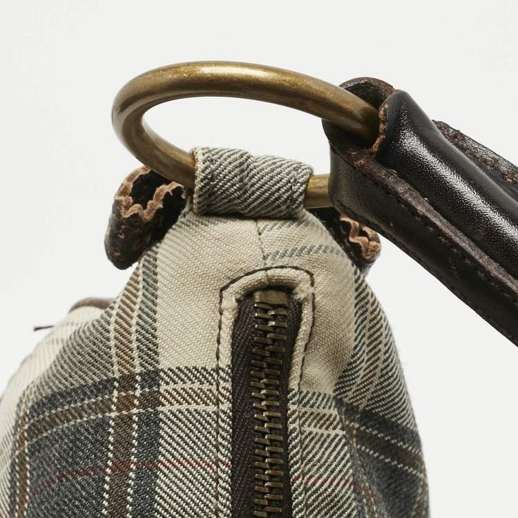 Pre Owned Miu Miu Brown/Grey Tartan Plaid Fabric and Leather Zip Hobo