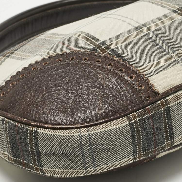 Pre Owned Miu Miu Brown/Grey Tartan Plaid Fabric and Leather Zip Hobo