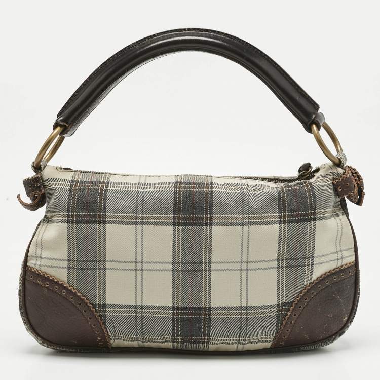 Pre Owned Miu Miu Brown/Grey Tartan Plaid Fabric and Leather Zip Hobo
