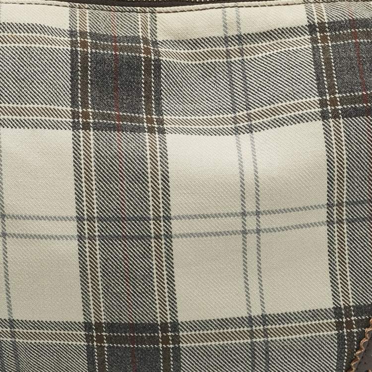 Pre Owned Miu Miu Brown/Grey Tartan Plaid Fabric and Leather Zip Hobo