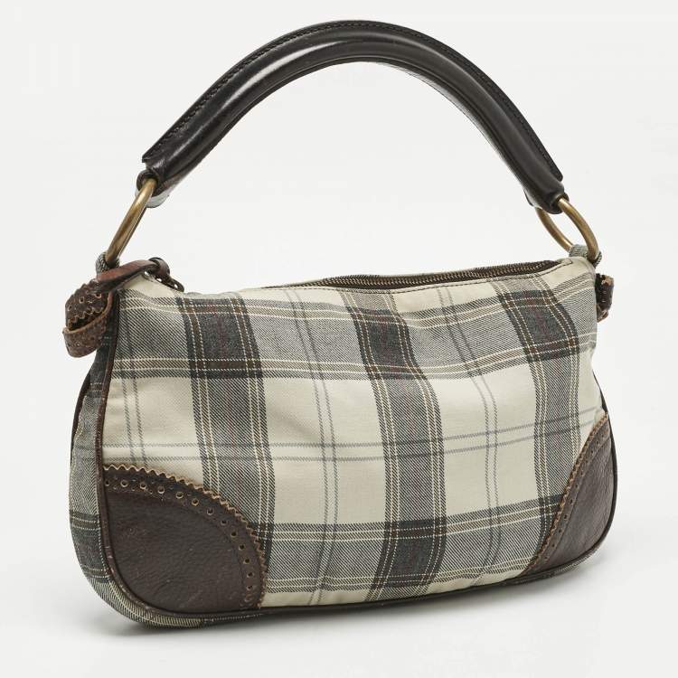 Pre Owned Miu Miu Brown/Grey Tartan Plaid Fabric and Leather Zip Hobo