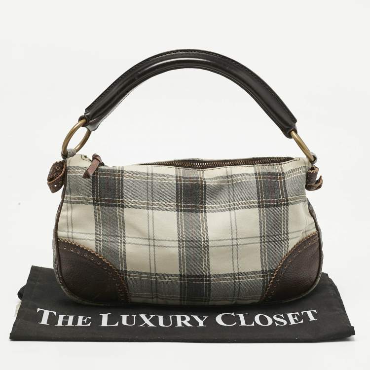 Pre Owned Miu Miu Brown/Grey Tartan Plaid Fabric and Leather Zip Hobo