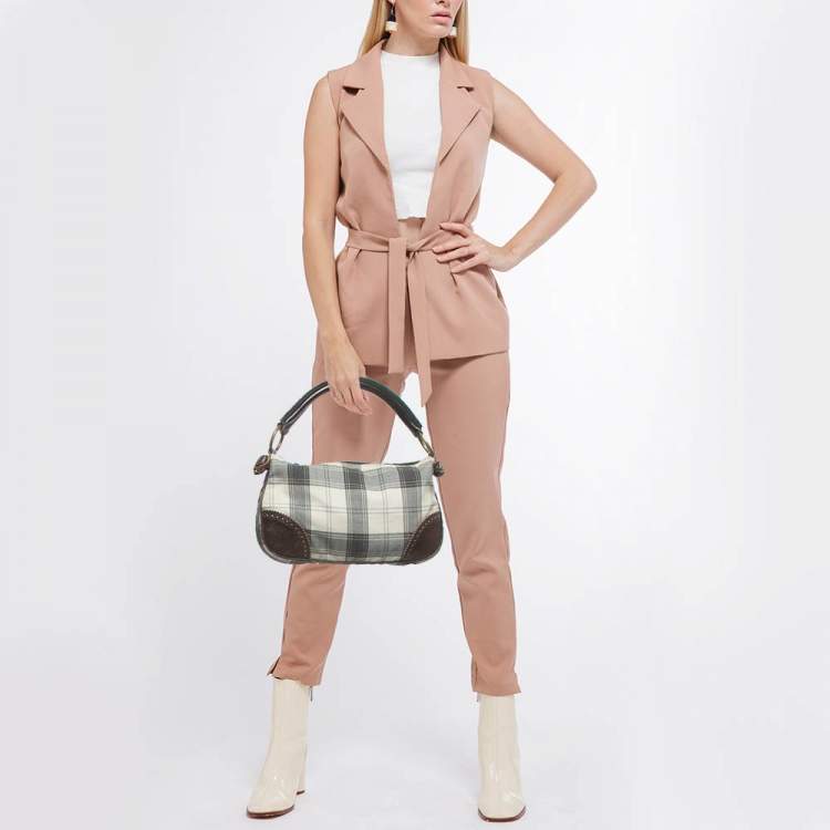 Pre Owned Miu Miu Brown/Grey Tartan Plaid Fabric and Leather Zip Hobo