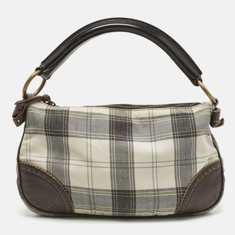 Pre Owned Miu Miu Brown/Grey Tartan Plaid Fabric and Leather Zip Hobo