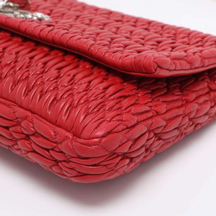 Pre Owned Miu Miu Red Matelassé Nappa Leather Crystal Shoulder Bag