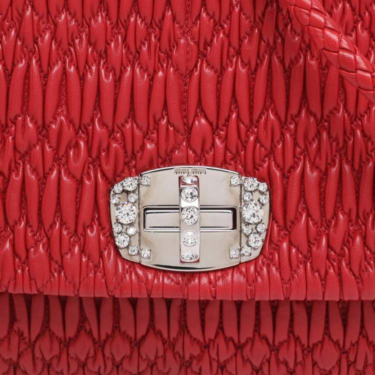 Pre Owned Miu Miu Red Matelassé Nappa Leather Crystal Shoulder Bag