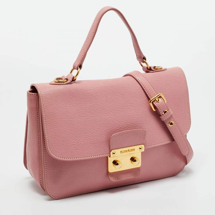 Pre Owned Miu Miu Light Pink Leather Pushlock Flap Top Handle Bag