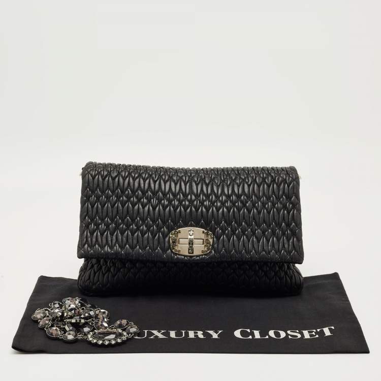 Pre Owned Miu Miu Black Matelassé Leather Crystals Chain Shoulder Bag