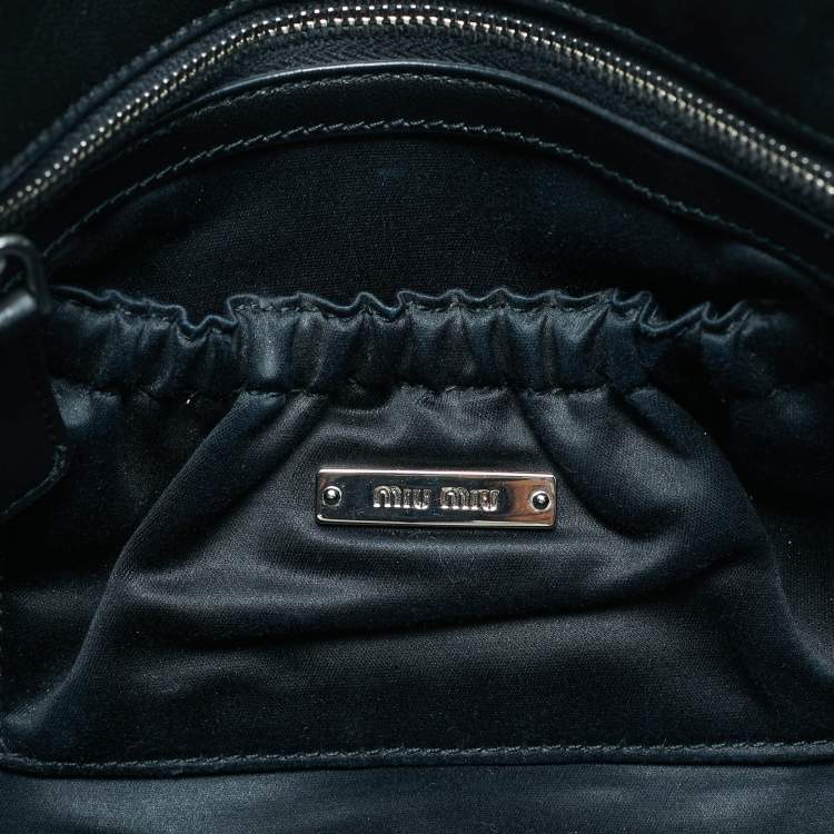 Pre Owned Miu Miu Black Matelassé Leather Crystals Chain Shoulder Bag