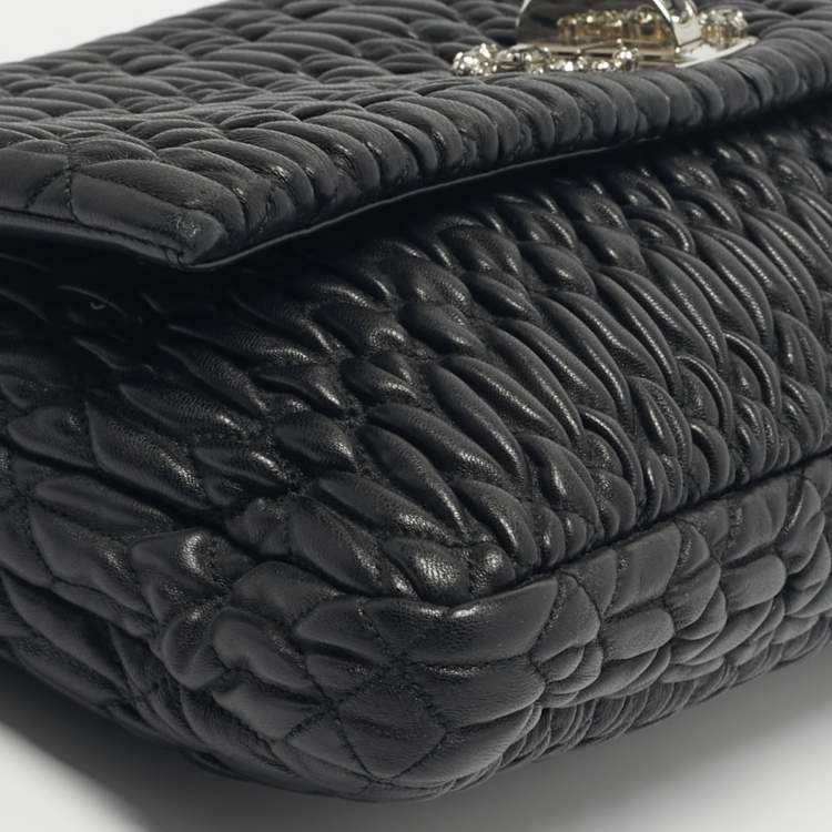 Pre Owned Miu Miu Black Matelassé Leather Crystals Chain Shoulder Bag