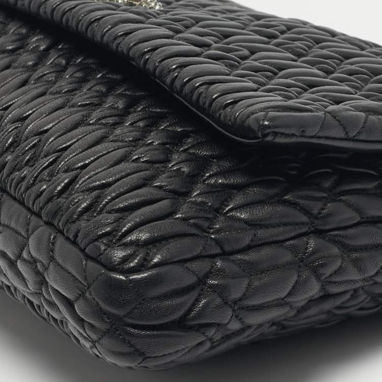 Pre Owned Miu Miu Black Matelassé Leather Crystals Chain Shoulder Bag