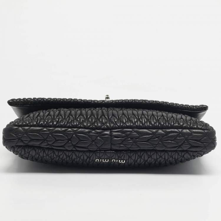 Pre Owned Miu Miu Black Matelassé Leather Crystals Chain Shoulder Bag