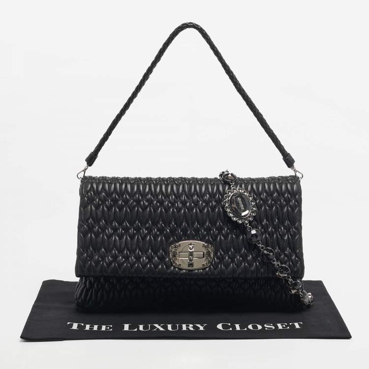 Pre Owned Miu Miu Black Matelassé Leather Crystals Chain Shoulder Bag