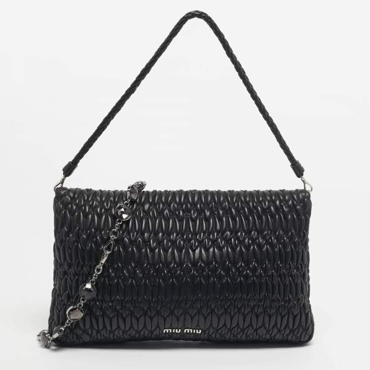 Pre Owned Miu Miu Black Matelassé Leather Crystals Chain Shoulder Bag