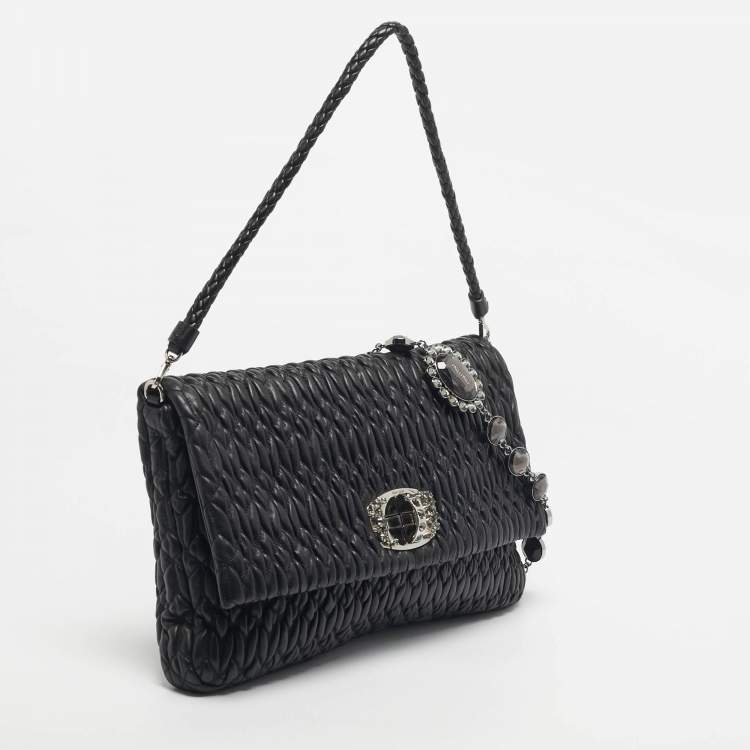 Pre Owned Miu Miu Black Matelassé Leather Crystals Chain Shoulder Bag