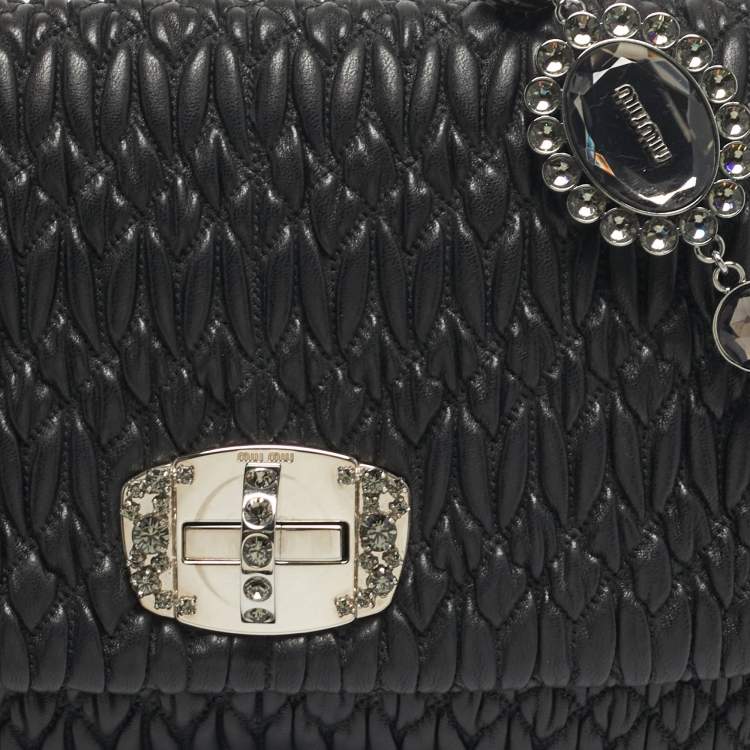 Pre Owned Miu Miu Black Matelassé Leather Crystals Chain Shoulder Bag