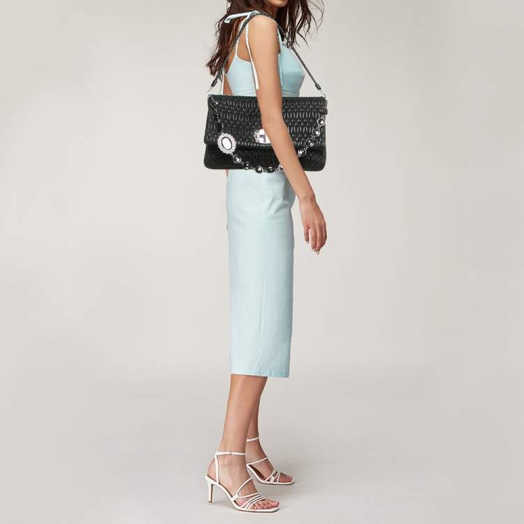 Pre Owned Miu Miu Black Matelassé Leather Crystals Chain Shoulder Bag