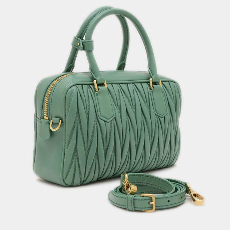 Pre Owned Miu Miu Arcadi Matelasse Hand Shoulder Bag Leather Salvia Green