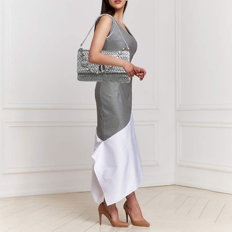 Pre Owned Miu Miu Silver Matelasse Leather Crystal Flap Shoulder Bag