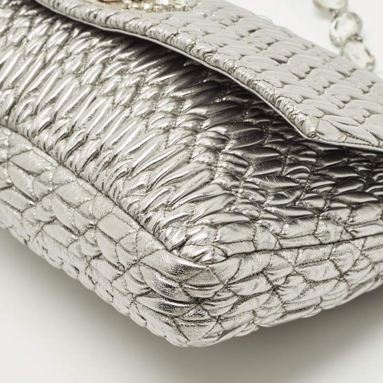 Pre Owned Miu Miu Silver Matelasse Leather Crystal Flap Shoulder Bag
