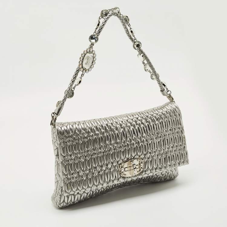 Pre Owned Miu Miu Silver Matelasse Leather Crystal Flap Shoulder Bag