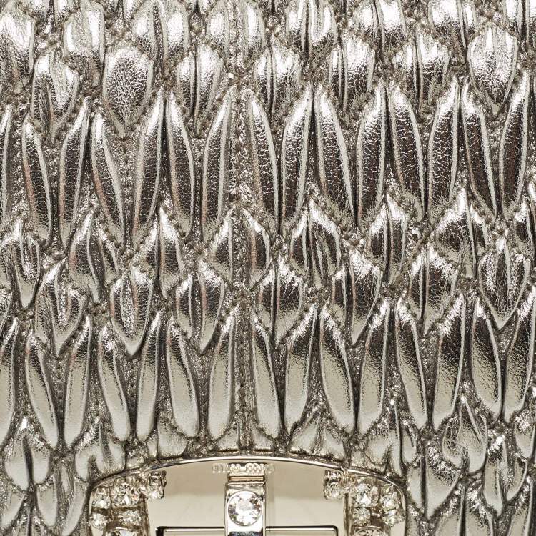Pre Owned Miu Miu Silver Matelasse Leather Crystal Flap Shoulder Bag