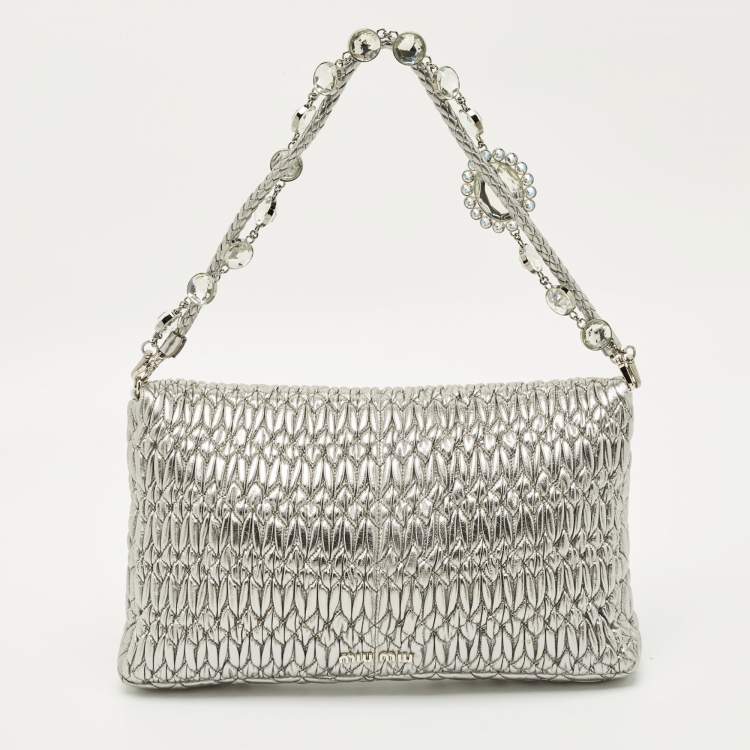 Pre Owned Miu Miu Silver Matelasse Leather Crystal Flap Shoulder Bag