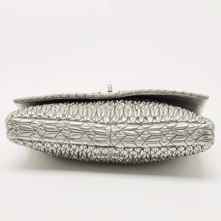 Pre Owned Miu Miu Silver Matelasse Leather Crystal Flap Shoulder Bag