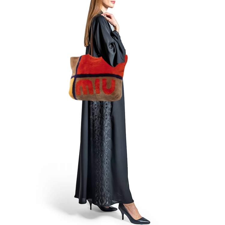 Pre Owned Miu Miu Multicolor Shearling Fur and Suede Logo Colorblock Tote