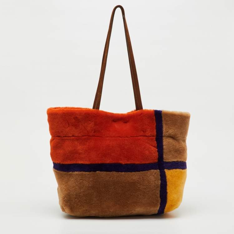 Pre Owned Miu Miu Multicolor Shearling Fur and Suede Logo Colorblock Tote
