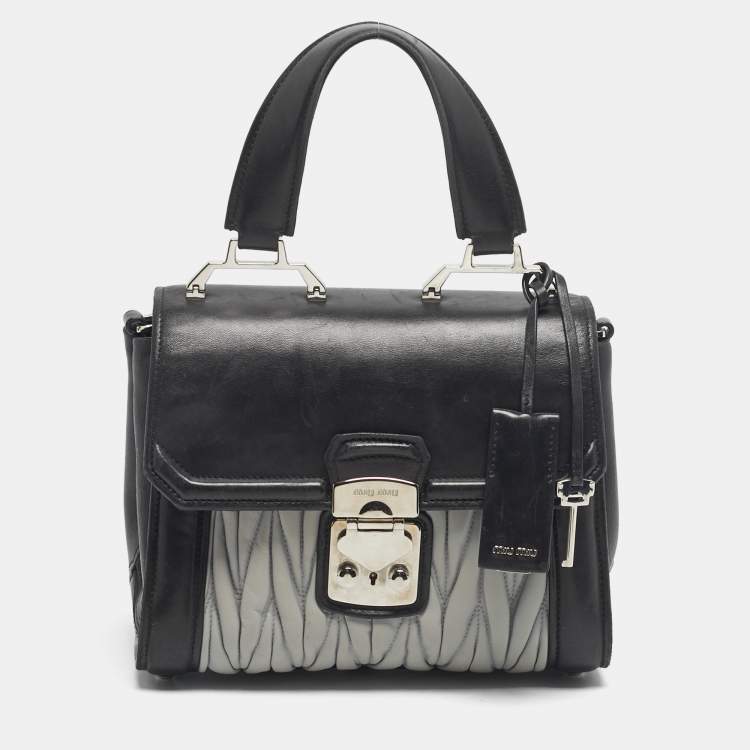 Pre Owned Miu Miu Black/Grey Matelassé Leather Pushlock Flap Top Handle Bag
