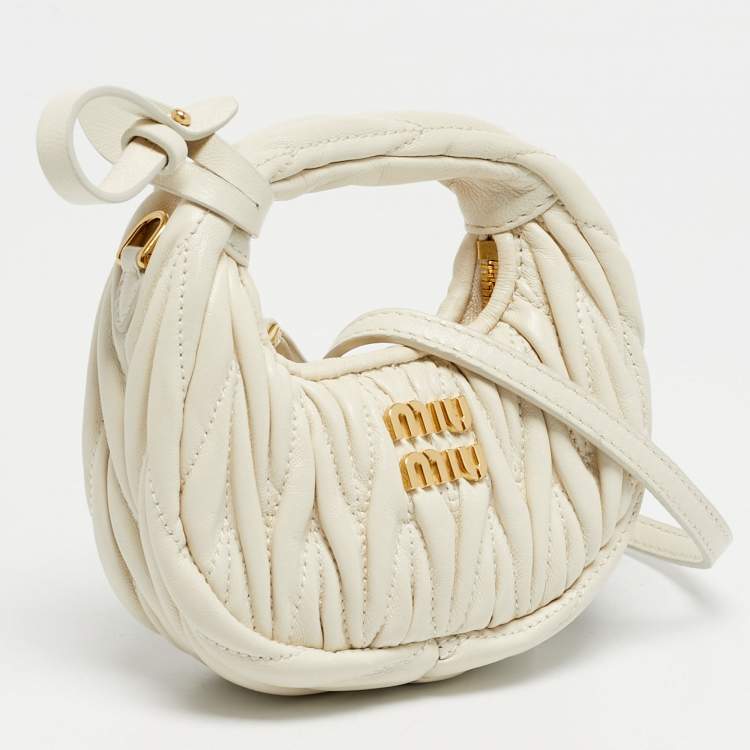 Pre Owned Miu Miu White Matelassé Leather Micro Wander Hobo